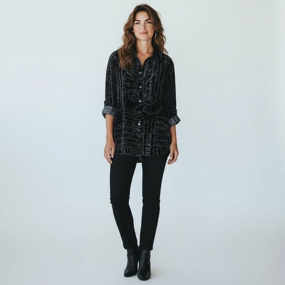 Vintage 90s Black Velvet Burnout Script Print Top Silk Blend Semi Sheer Boho L - Picture 3 of 16